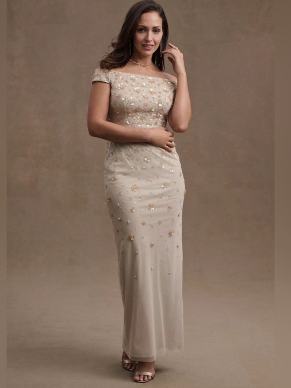 BHLDN Anthropologie Rosie Off Shoulder Beaded Back Slit Column Gown NEW Size 10